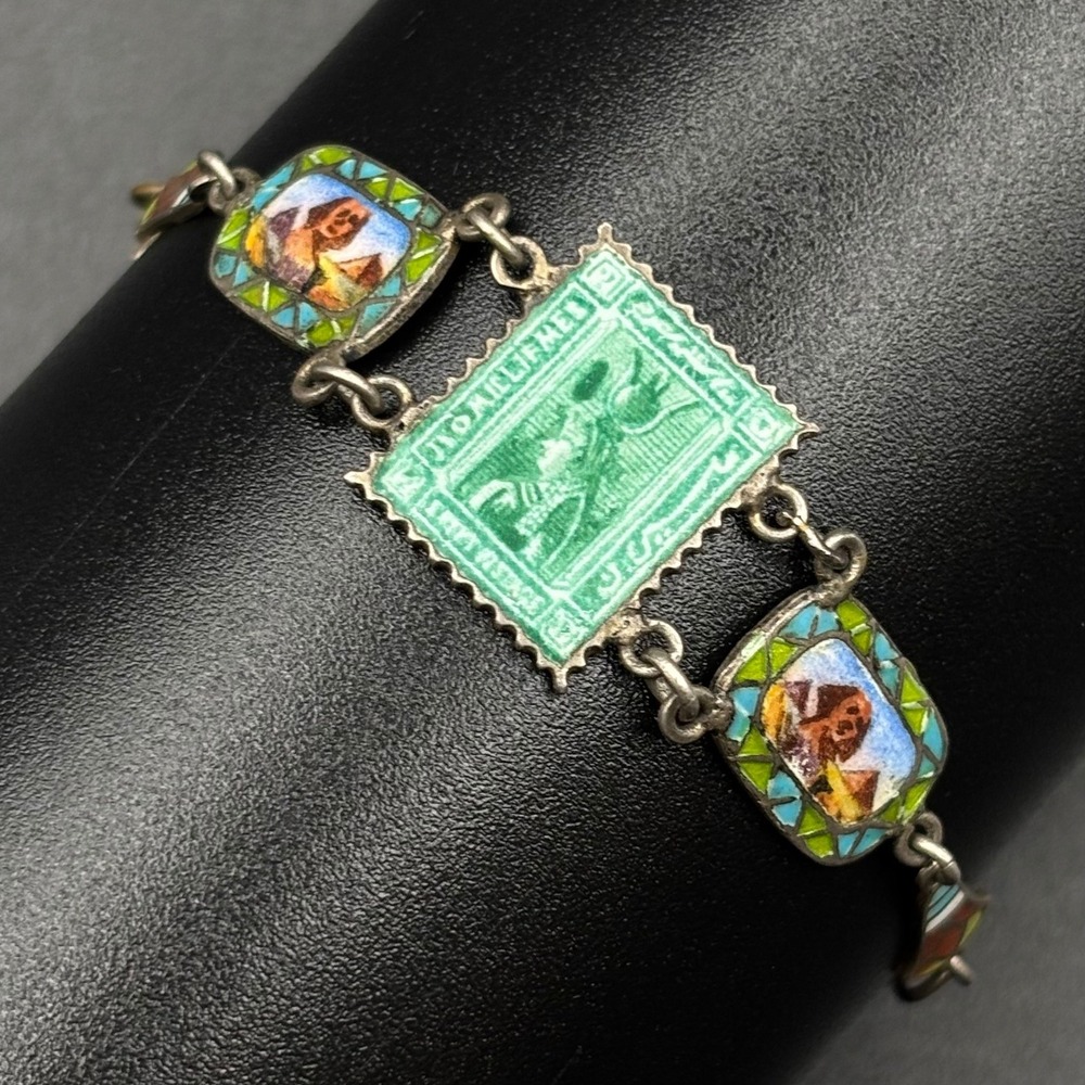 Vintage Egyptian Revival Panel Bracelet Silver Enamel Sphinx Ankh 6.5"